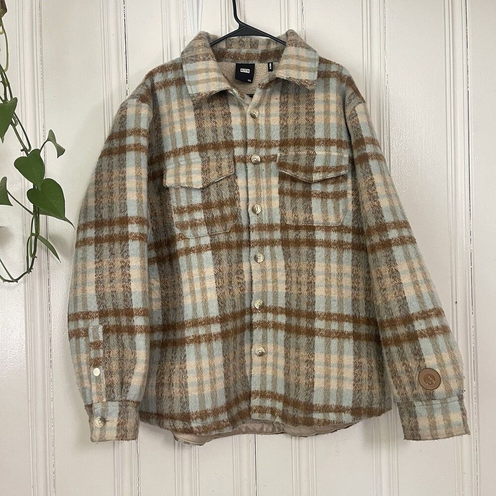 KITH Men Brown Blue Brush Plaid Sheridan Lined Shirt Jacket Size XXL